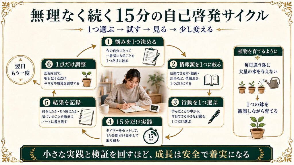 悩みを1つ決めて15分実践し、記録と調整を繰り返す自己啓発サイクルの図解