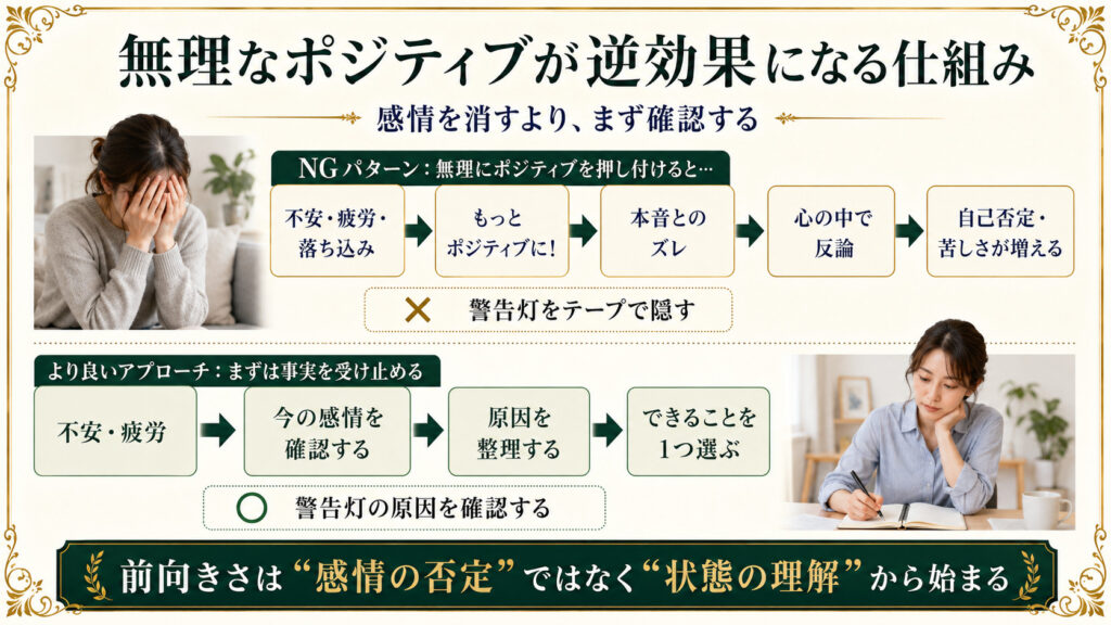 無理なポジティブ思考の押し付けが逆効果になる流れと、感情確認の重要性を示した図解
