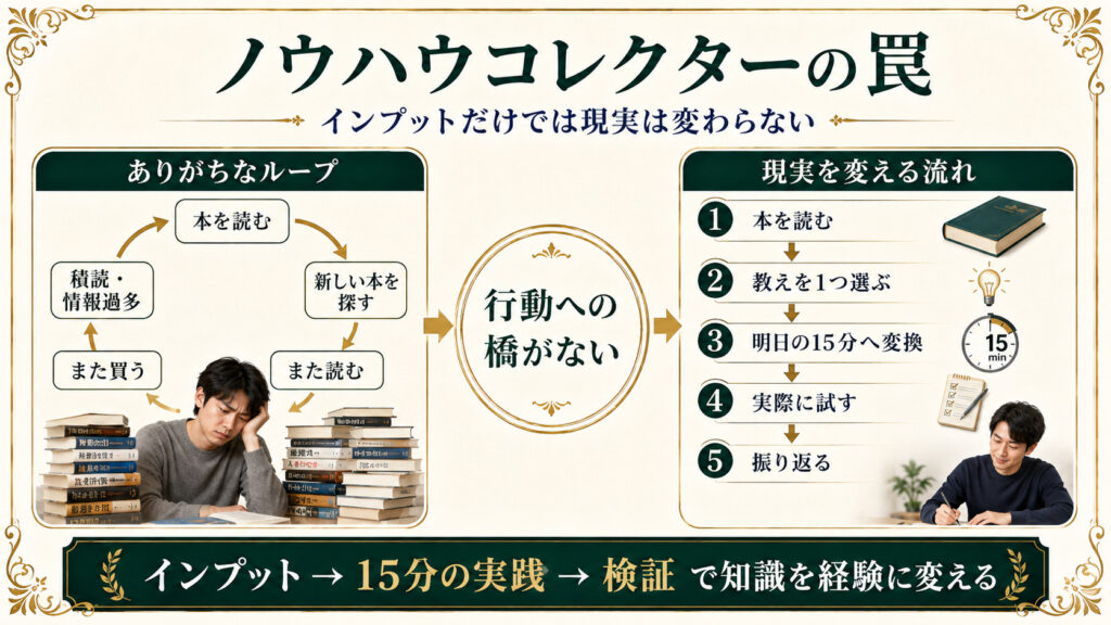 ノウハウコレクターの罠と、知識を15分の実践に変える流れを示した図解