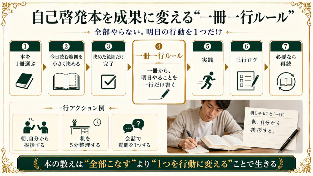 自己啓発本を成果に変える一冊一行ルールと、明日の行動を1つ決める実践法の図解