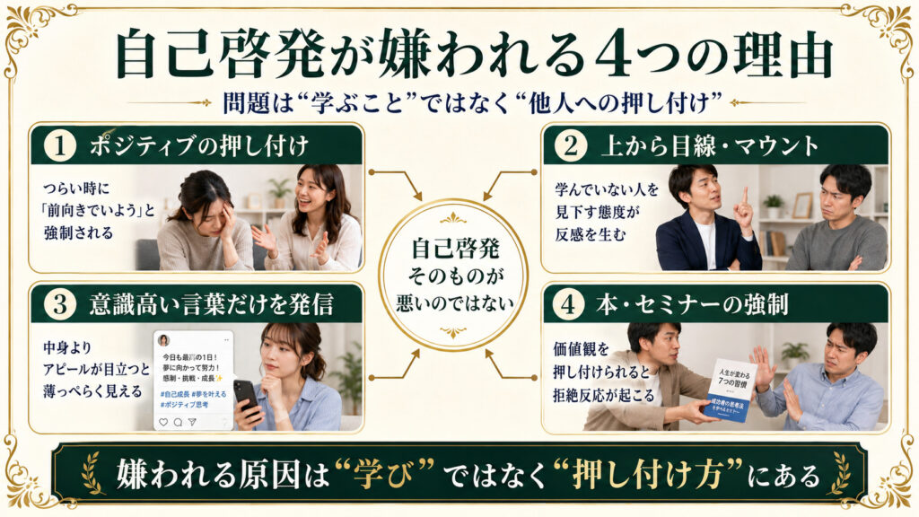 自己啓発が嫌われる4つの理由を、押し付け・マウント・意識高い言葉・本やセミナーの強制で整理した図解