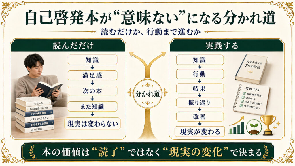 自己啓発本が意味ないになる分かれ道として、読むだけの状態と実践する状態を比較した図解