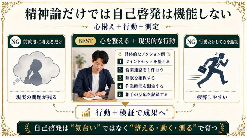 精神論だけでは自己啓発は機能せず、心構え・行動・測定の3つが必要だと示した図解