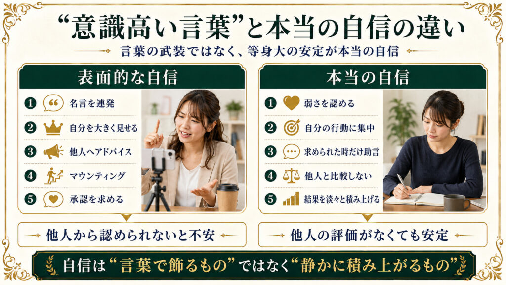 意識高い言葉で武装した表面的な自信と、本当の自信の違いを比較した図解