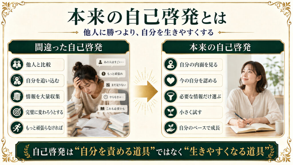 間違った自己啓発と本来の自己啓発を比較し、自分を生きやすくする学びを示した図解
