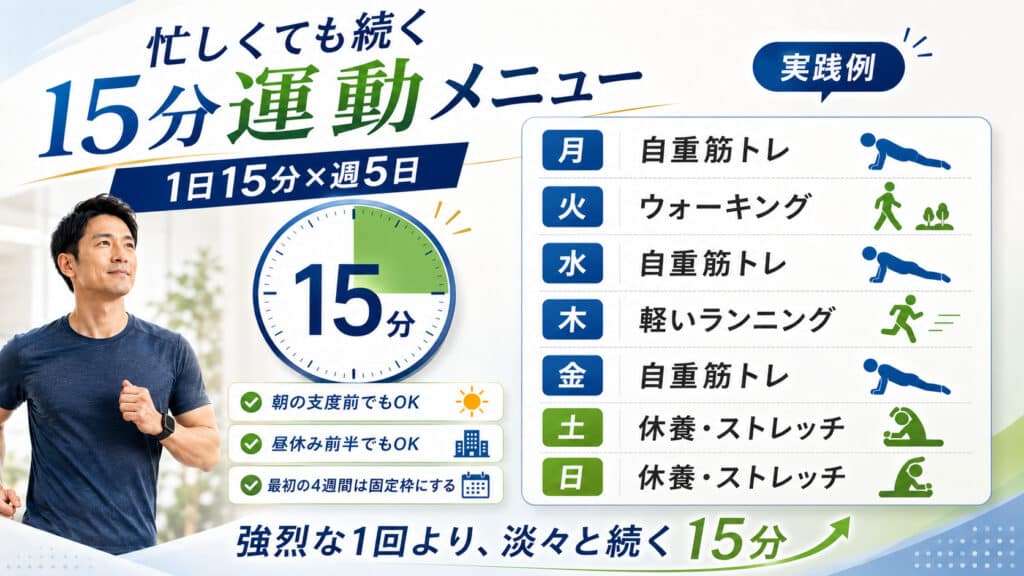 忙しい人向けの1日15分週5日で続ける運動メニューの実践例