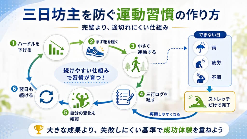 三日坊主を防いで運動を継続するための習慣化サイクルと再開方法の図解
