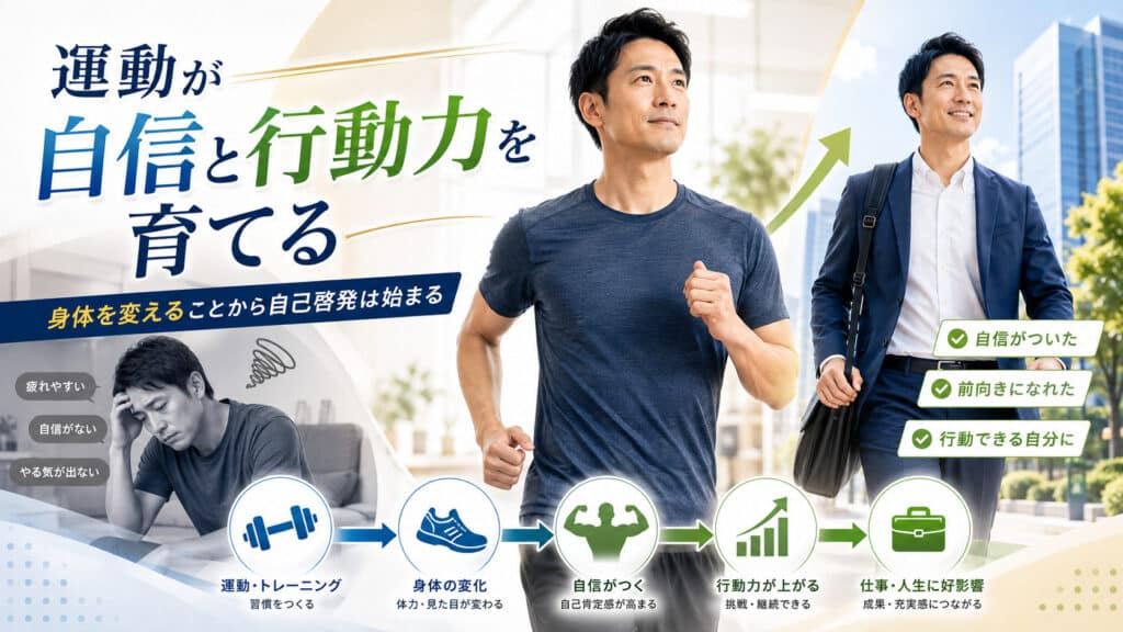 自己啓発として運動を続けることで自信と行動力が育つ流れを表したアイキャッチ