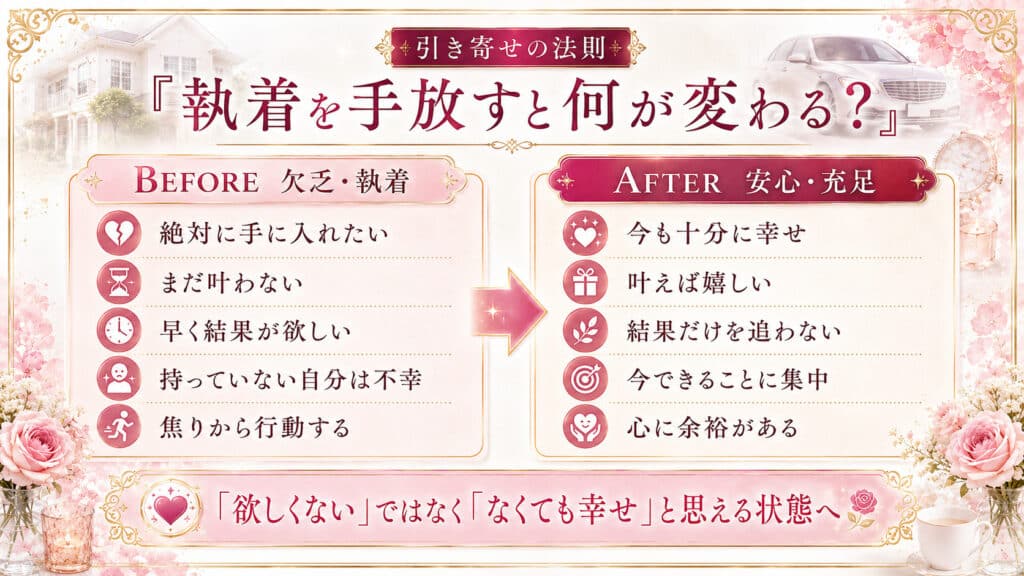 引き寄せで執着を手放す前と安心して満たされた後の違いを比較した図解