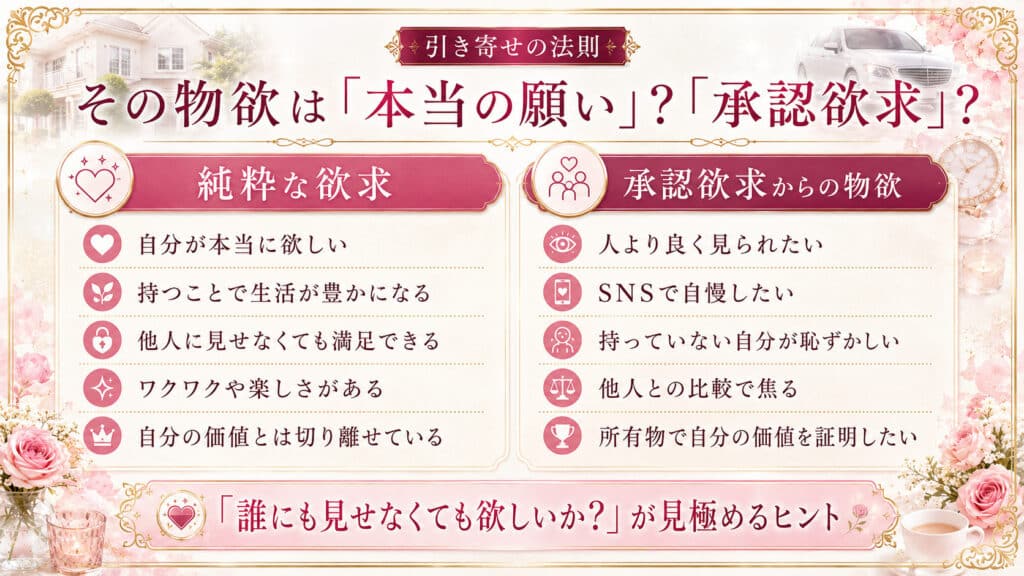 純粋な欲求と承認欲求から生まれる物欲の違いを比較した図解