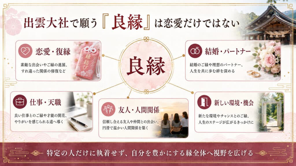 出雲大社の良縁が恋愛や復縁だけでなく仕事や人間関係にも広がることを示した図解