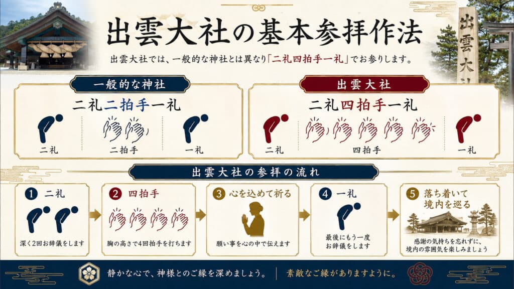 出雲大社の二礼四拍手一礼の参拝作法と流れをわかりやすく示した図解