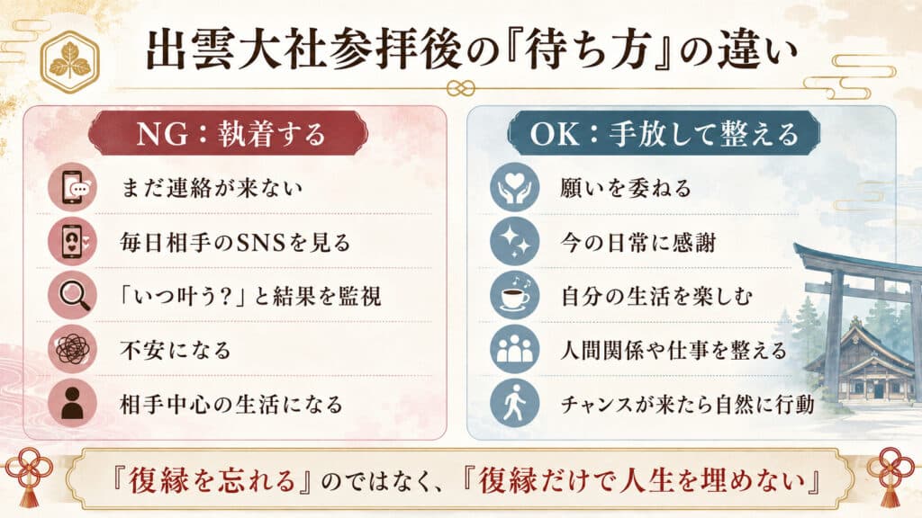 出雲大社参拝後の好転反応やタイムラグとの向き合い方を示した図解