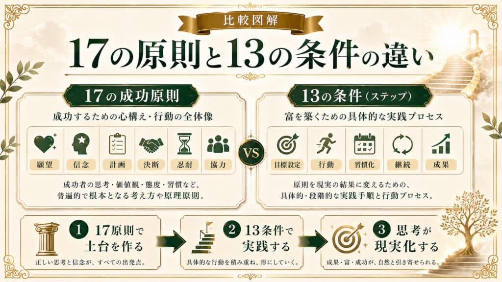 17の成功原則と13の条件の違いを比較した図解