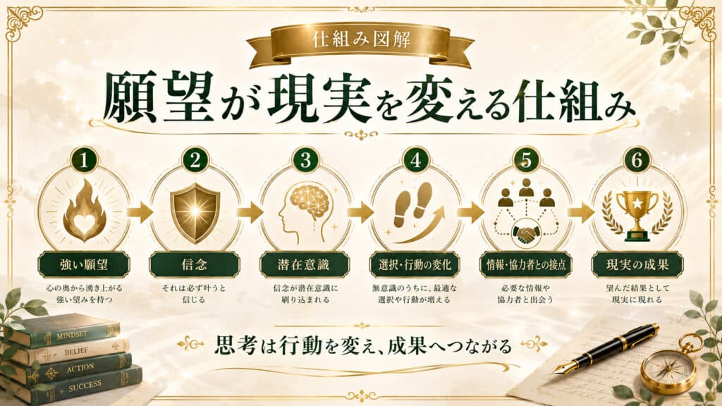 強い願望が信念と潜在意識を通して行動を変え現実の成果につながる仕組みを示した図解