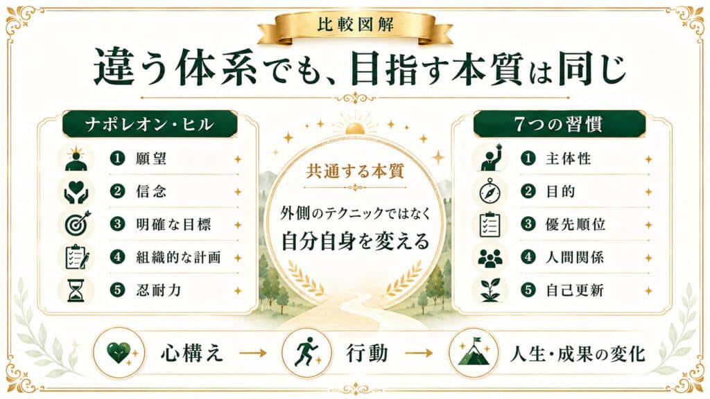 ナポレオン・ヒルと7つの習慣は体系は違っても目指す本質は同じだと示した比較図解
