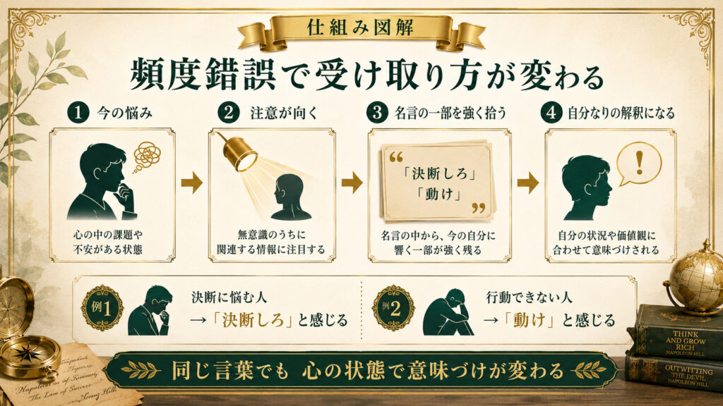 頻度錯誤によってナポレオン・ヒルの名言の受け取り方が変わる仕組みを示した図解