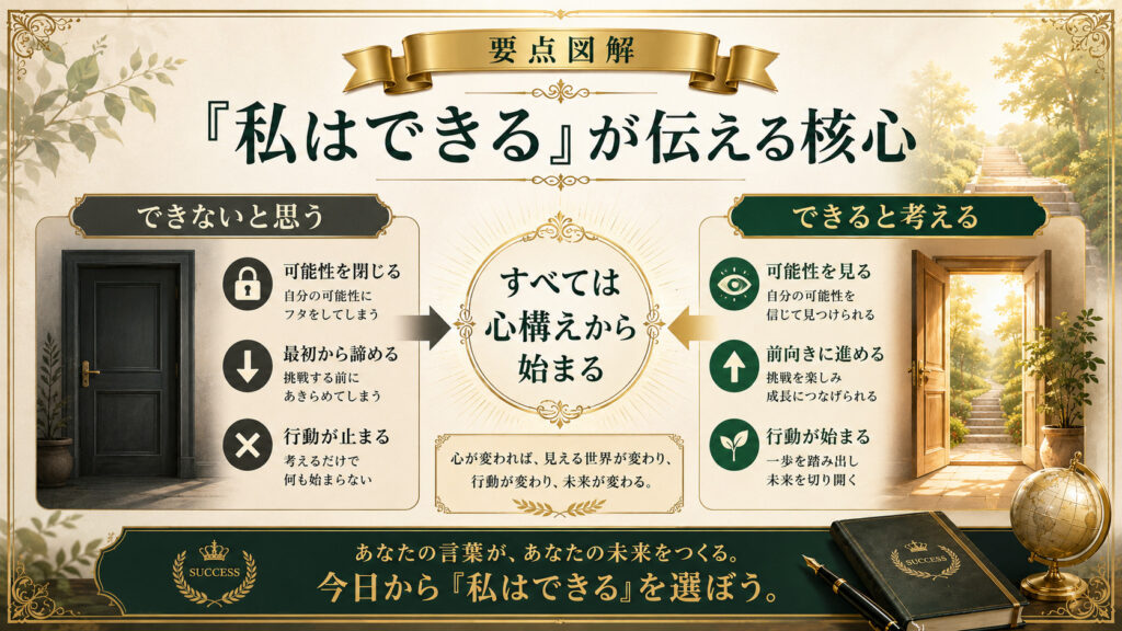 「私はできる」という名言が伝える核心を心構えの変化として示した図解