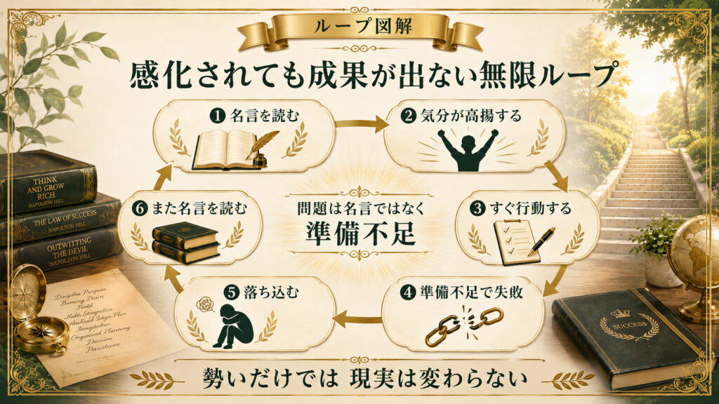 名言に感化されても準備不足のまま行動して成果が出ない無限ループを示した図解