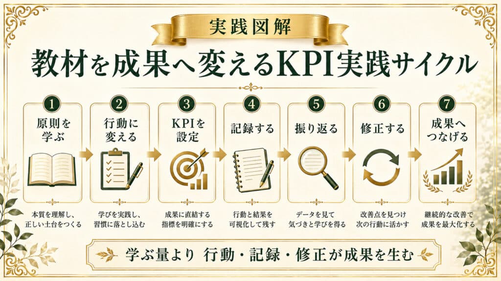 ナポレオン・ヒル・プログラムの学びをKPI設定と記録と修正で成果へ変える実践サイクル図解