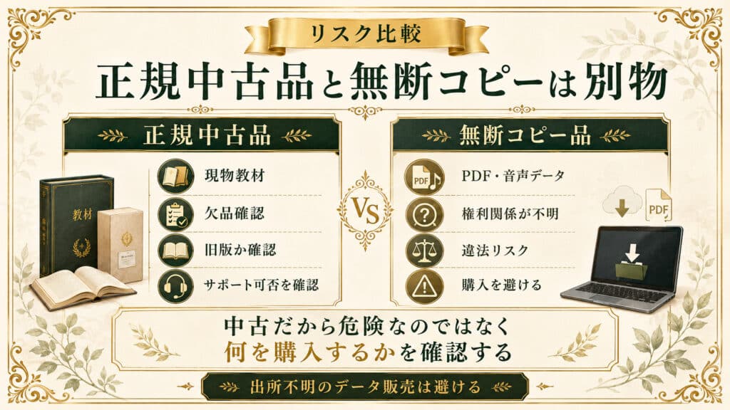 正規中古品と無断コピー品の違いを比較し出所不明のPDFや音声データを避けるべき理由を示した図解