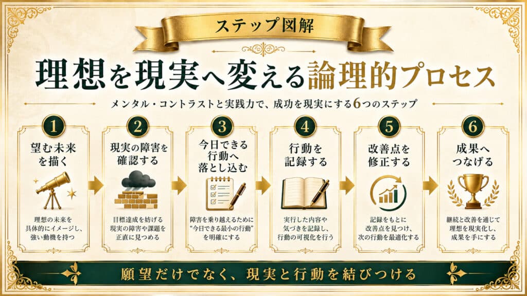 理想の未来を現実へ変えるための行動プロセスを6つのステップで示した図解