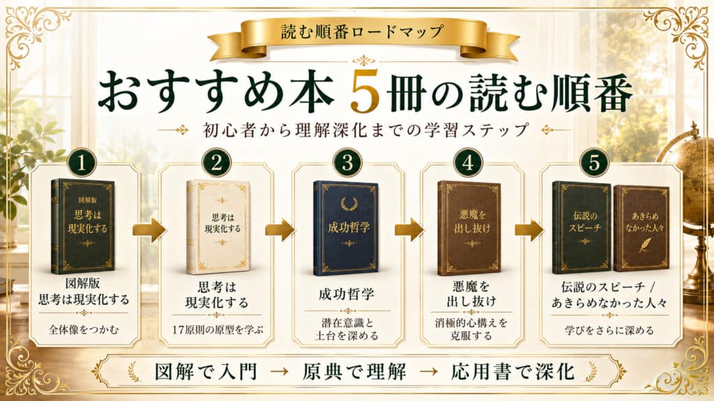 ナポレオン・ヒルのおすすめ本5冊を初心者から理解深化まで順番に示した読書ロードマップ図解
