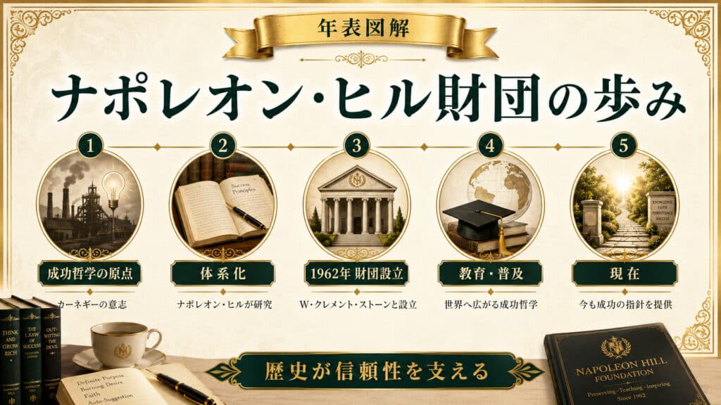 ナポレオン・ヒル財団の成り立ちと発展の流れを年表形式で整理した図解
