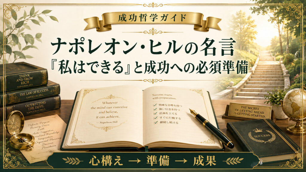 ナポレオン・ヒルの名言「私はできる」と成功への必須準備を表したアイキャッチ画像