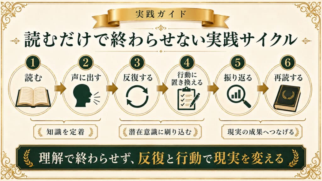 本を読むだけで終わらせず反復と行動で成果につなげる実践サイクルを示した図解