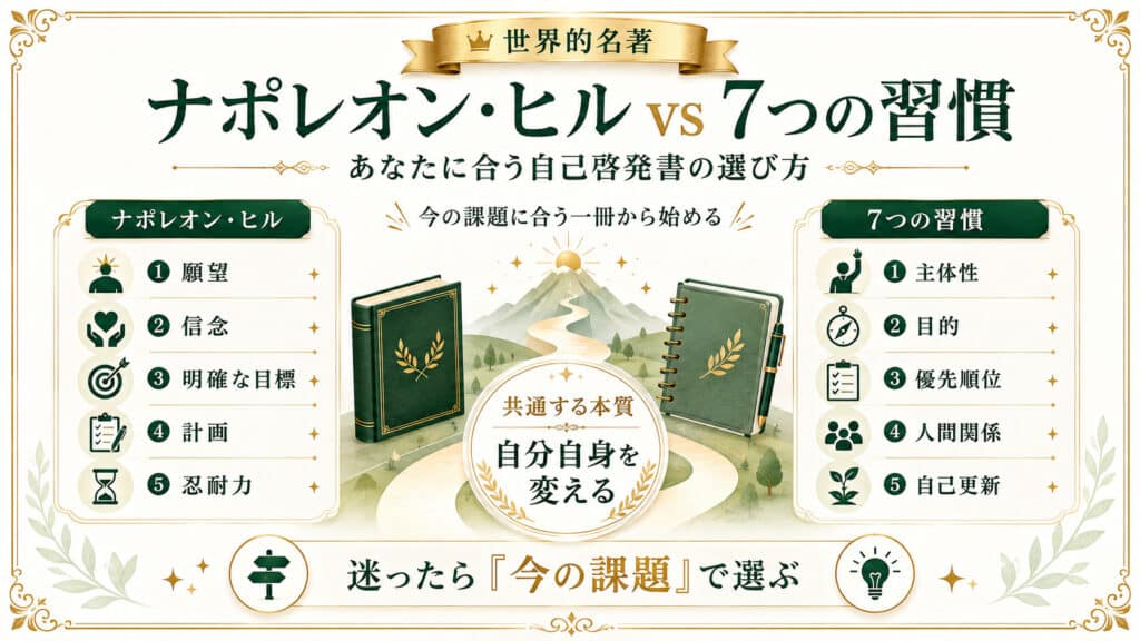 ナポレオン・ヒルと7つの習慣の違いを比較し、今の課題に応じた選び方を示したアイキャッチ画像