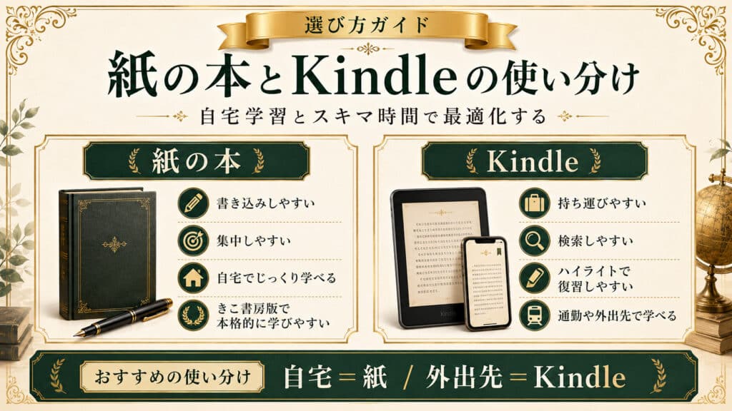 紙の本とKindleの特徴を比較し自宅学習と外出先での使い分けを示した図解