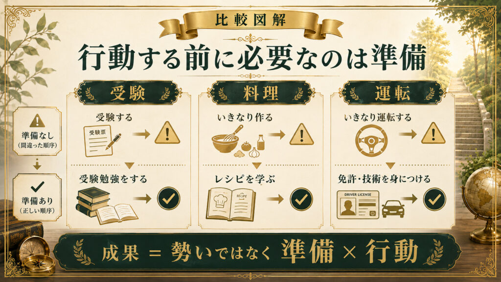 行動する前に必要なのは準備であることを受験・料理・運転の例で比較した図解