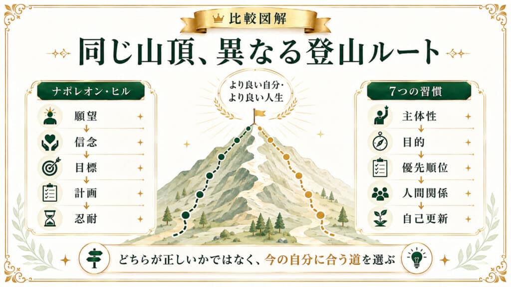 ナポレオン・ヒルと7つの習慣を同じ山頂を目指す異なる登山ルートとして表現した比較図解