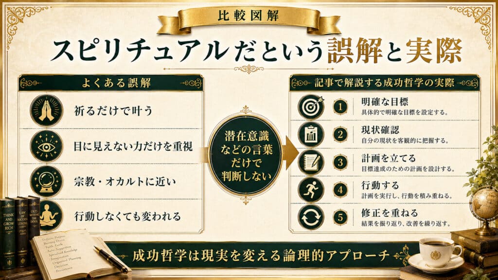成功哲学がスピリチュアルだと誤解される理由と実際の論理的な内容を比較した図解