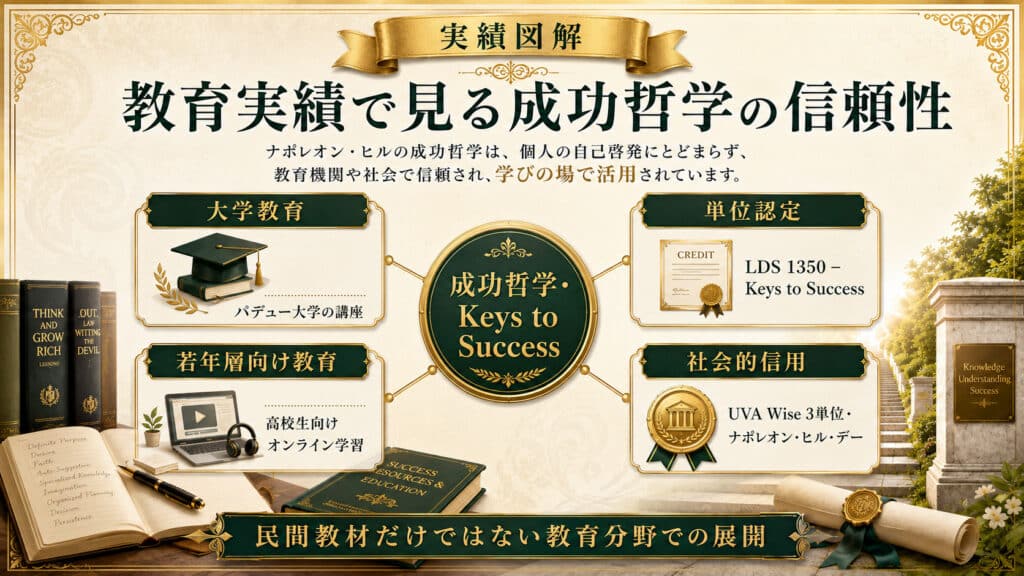 成功哲学が大学教育や単位認定など教育分野で活用されている実績を整理した図解
