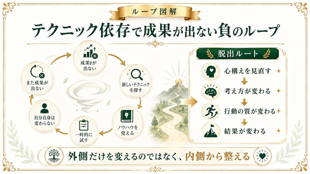 テクニック依存で成果が出ない人が負のループに陥る流れを示した図解