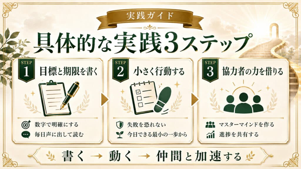 思考は現実化するを実践するための3ステップをまとめた図解