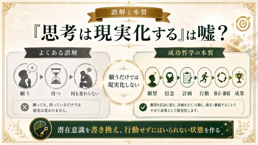 思考は現実化するは嘘と言われる理由と成功哲学の本質を対比した図解