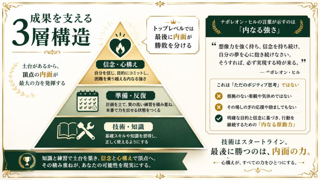 成果を支える技術・準備・信念の三層構造を示した図解