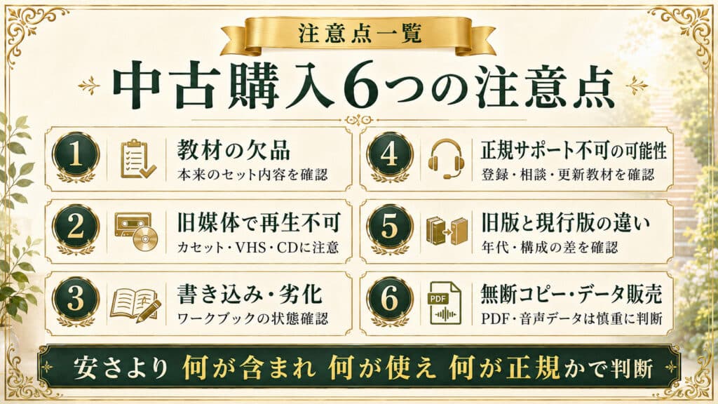 ナポレオン・ヒル・プログラムを中古購入する際に確認すべき6つの注意点をまとめた図解