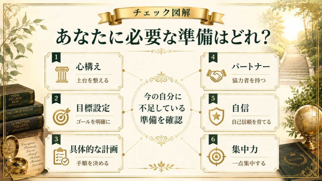 心構え・目標設定・具体的計画・パートナー・自信・集中力の6つの準備を確認するチェック図解