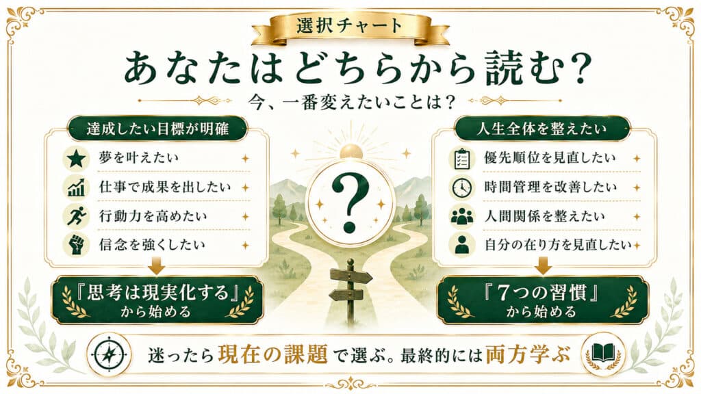今の悩みや課題に応じてナポレオン・ヒルと7つの習慣のどちらから読むべきかを整理した選択チャート