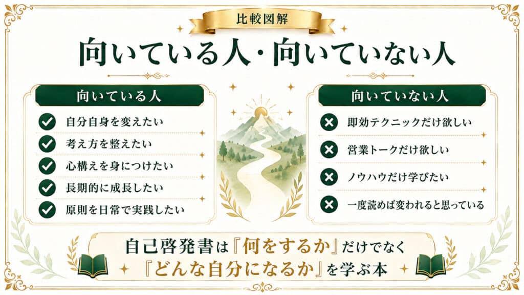 自己啓発書に向いている人と向いていない人の違いを比較して整理した図解