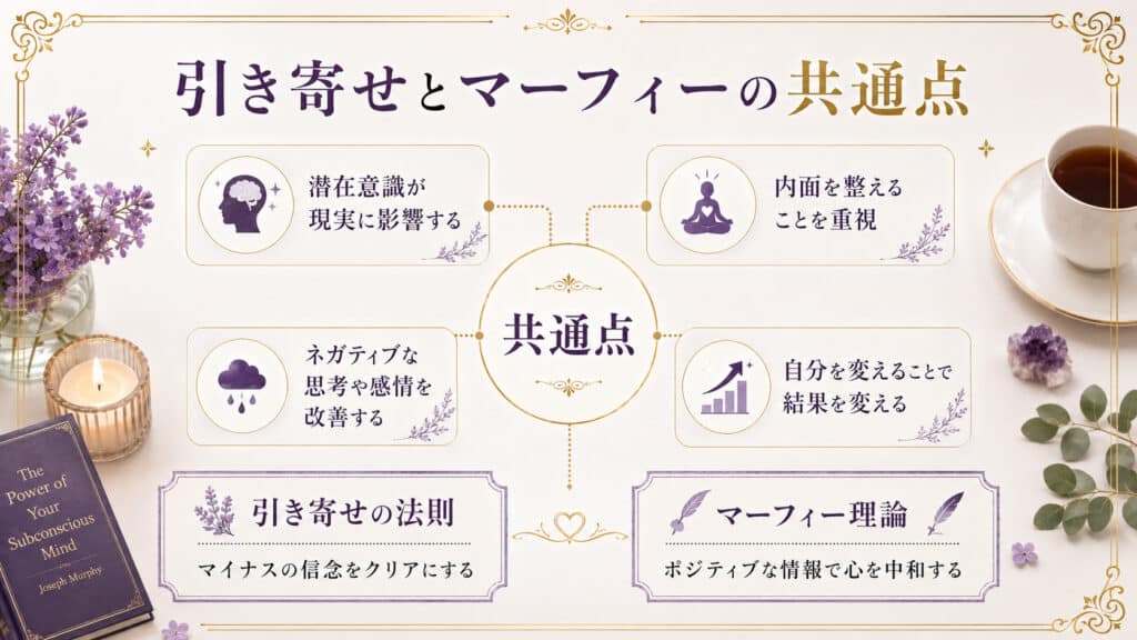 引き寄せの法則とマーフィー理論に共通する潜在意識や内面の考え方を示した図解