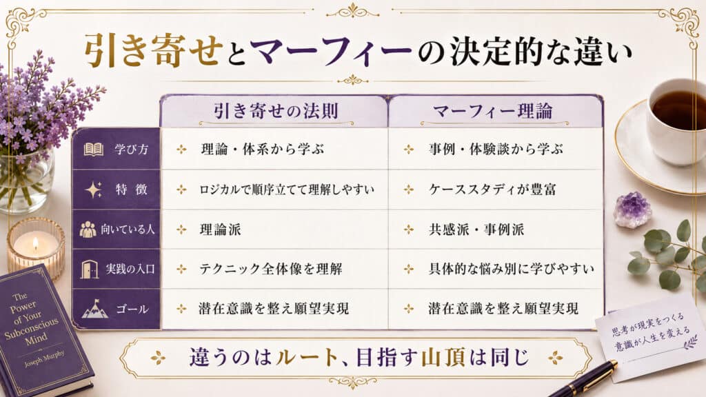 引き寄せの法則とマーフィー理論の学び方や特徴や向いている人の違いを比較した図解