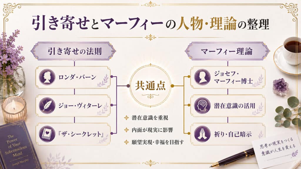 引き寄せの法則とマーフィー理論に関係する人物と理論の関係を整理した図解