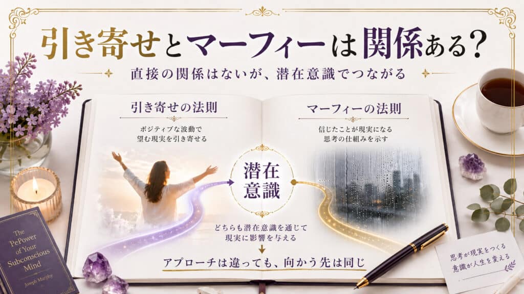 引き寄せの法則とマーフィー理論が潜在意識を共通点としてつながることを表したアイキャッチ