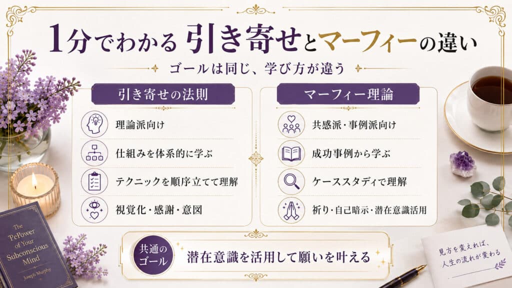 引き寄せの法則とマーフィー理論の学び方や実践法の違いを1分で比較した図解