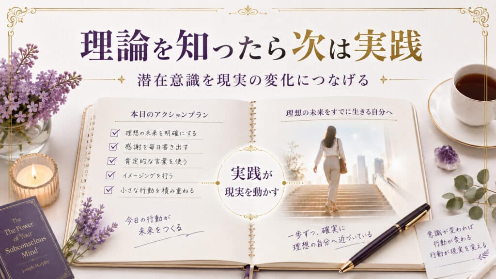 潜在意識の理論を学んだ後に具体的な行動へ移して現実を変える流れを表したアイキャッチ